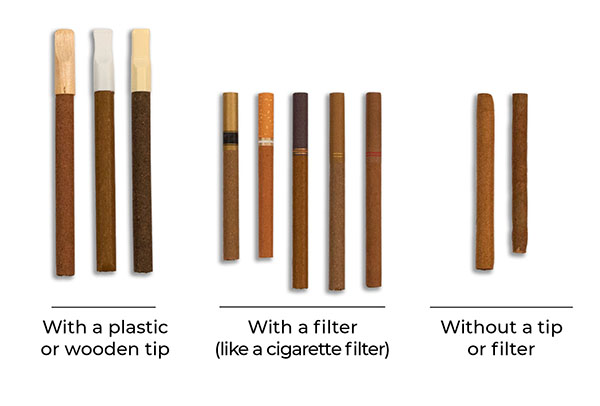 Cigarillos with a plastic or wooden tip, filtered cigars with a filter like a cigarette filter, cigarillos without a tip or filter.
